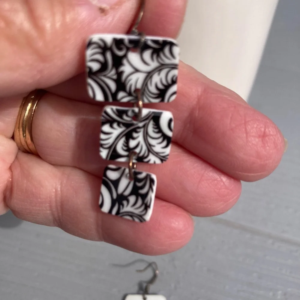 Dangle Earrings black white square articulated paisley design 1.75” long